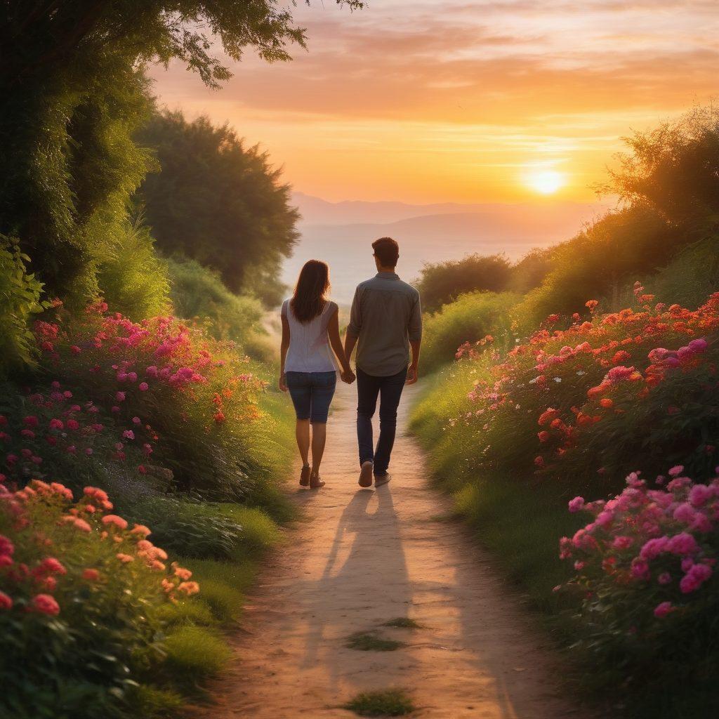 A scenic outdoor setting depicting two intertwined paths symbolizing romance and friendship, with lush greenery and blooming flowers flanking the sides. The background showcases a sunset casting warm, soft light, creating a serene atmosphere. Include gentle silhouettes of a couple laughing together, signifying connection and intimacy. Use vibrant colors to evoke emotion. soft-focus, painterly style.