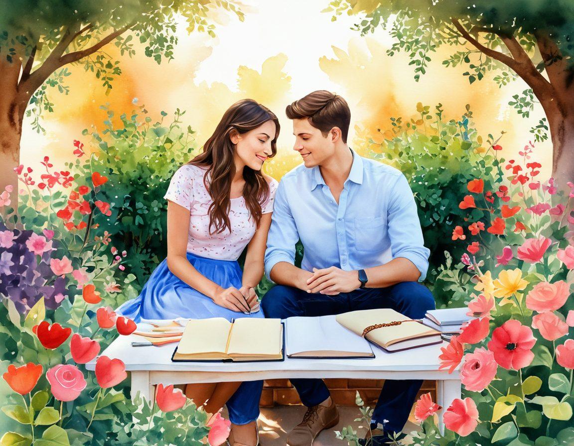 A warm, inviting scene showcasing a diverse couple sitting together with notebooks, pens, and hearts surrounding them, symbolizing trust and support in their love story. Soft sunlight filters through a colorful garden, highlighting their connection and shared creativity. The background features symbolic elements like intertwined vines and blooming flowers, representing growth and heartfelt bonds. Captured in a dreamy watercolor style.