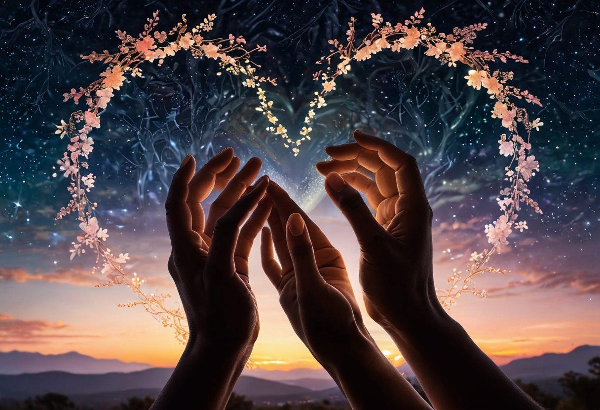 A serene scene depicting two intertwined hands surrounded by glowing hearts and soft, magical light, symbolizing deep emotional connection. In the background, silhouettes of couples enjoying intimate moments under a starry sky, representing love in various forms. Delicate floral elements framing the image for a warm touch, evoking feelings of affection and unity. vibrant colors. super-realistic.